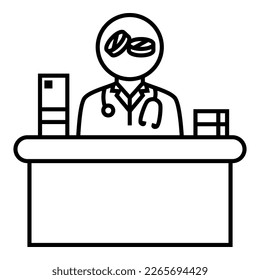 An iconic of doctor wearing a stethoscope, sitting behind the desk with books, documents and some capsules tablets pills medicine logo symbol vector design illustration icon.
