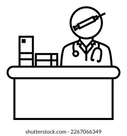 An iconic of doctor wearing a stethoscope, sitting behind the desk with syringe vaccine logo symbol vector design illustration icon.