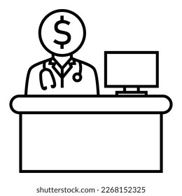 An iconic of doctor wearing a stethoscope, sitting behind the desk with dollar logo symbol vector design illustration icon.