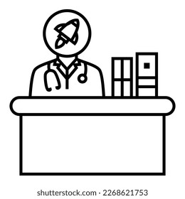 An iconic of doctor wearing a stethoscope, sitting behind the desk with rocket startup application logo symbol vector design illustration icon.