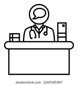 An iconic of doctor wearing a stethoscope, sitting behind the desk with rocket startup application logo symbol vector design illustration icon.