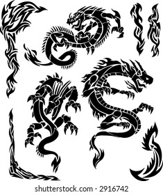 Iconic Dragons & Tribal Borders Vector Illustration