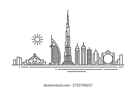 Iconic Dubai skyline illustration featuring modern skyscrapers and architectural landmarks under a bright sun