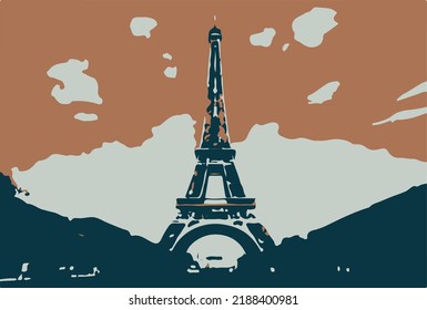 The iconic Eiffel Tower of France painted in earth tones. brown mixed with dark blue
