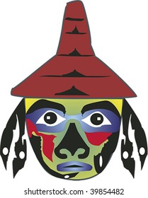 Iconic face with hat and earrings rendered in Northwest Coast Native style.