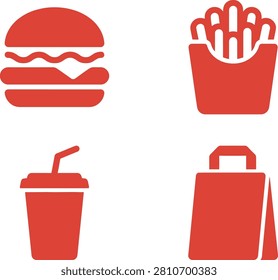 Iconic fast food items featuring a burger, fries, drink, and takeout bag on a simple background