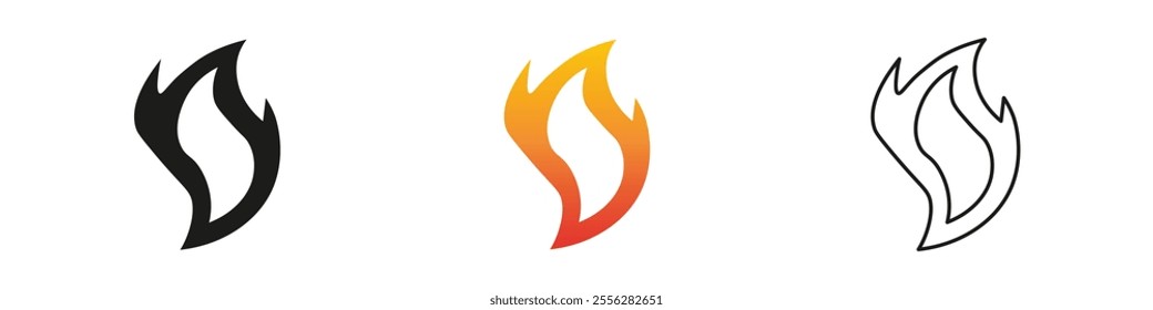 Iconic flame design variations in black, orange, and white colors. Fire icon vector set. Flame icon collection. Fire flame symbol. Black, gradient, line set