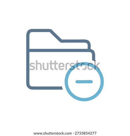 Iconic flat illustration depicts a file folder with a prominent minus sign. Simple color design on a White Background.