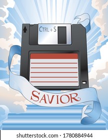The iconic floppy disk, that been used as a save icon in many computer programs. Depicted as a savior in the heaven.
