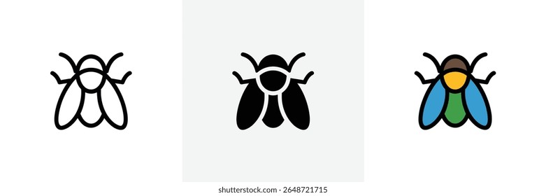 The iconic fly set presents the pest in different styles linear, silhouette, and vibrant color. Each rendering offers a unique visual interpretation of the simple insect form.