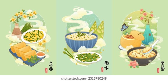 Iconic food for spring solar terms in oriental line style. Scrambled egg, spring rolls, porridge, asparagus and goji pear sweet soup. Text: Beginning of Spring. Rain Water. Insects Awakening.