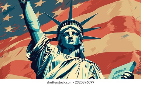 Iconic Freedom: Vector Image of Statue of Liberty with American Flag as Backdrop