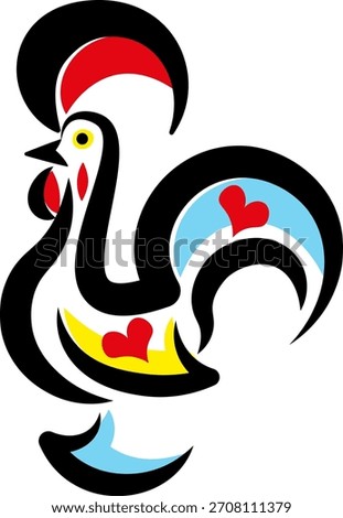 Iconic Galo de Barcelos rooster logo inspired by Portuguese folklore and traditional folk art. Ideal for travel branding, tourism materials, cultural projects, crafts, souvenirs.