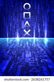 Iconic gaming controller symbols (circle, square, triangle, cross) emerge from a vibrant blue digital circuit board pattern, symbolizing interconnected technology and virtual experiences.
