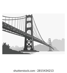 Iconic Golden Gate Bridge in San Francisco, spanning water. Majestic suspension structure, scenic background with clouds and hills.