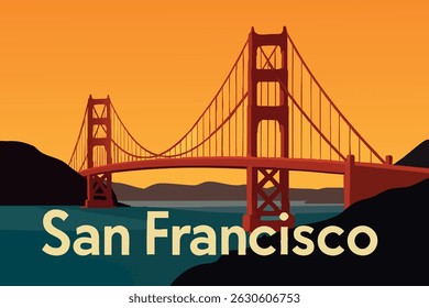 A icônica ponte Golden Gate fica em altura sobre a baía de São Francisco ao pôr do sol, com o brilho suave do sol refletindo sobre a água e o horizonte da cidade à distância