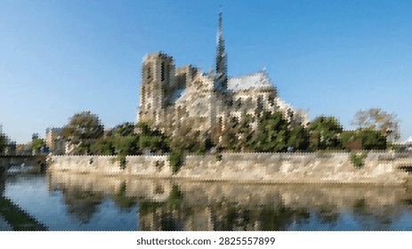 Iconic gothic architecture of notre dame cathedral standing by river seine, stone building facade, historical monument landmark, clear blue sky view.