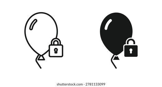 Iconic graphic of a balloon secured by a padlock, presented in both line art and solid silhouette. Symbolizes safety, restricted access, or protected growth. Ideal for finance, security, or innovation themes.