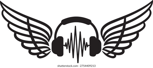 Iconic headphones with a dynamic sound wave and stylized wings representing music and freedom