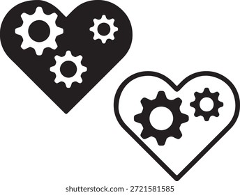Iconic heart symbols, one solid and one outlined, each holding rotating gears, suggesting a complex, mechanical heart or system.