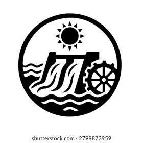 Iconic illustration of hydroelectric power generation, showcasing a dam, flowing water, sun, and water wheel.