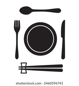 Iconic illustration for meal with spoon, fork and knife, western plate and chopsticks