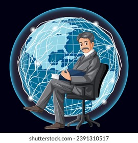 An iconic illustration of Nikola Tesla surrounded by electric currents encircling the globe