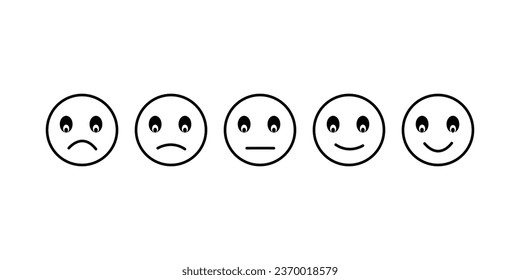 Iconic illustration of satisfaction level. Range to assess the emotions of your content. Feedback in form of emotions. User experience. Customer feedback. Excellent, good, normal, bad, awful.