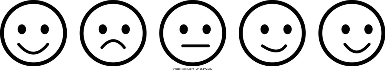 Iconic illustration of satisfaction level. Range to assess the emotions of your content. Feedback in form of emotions. User experience. Customer feedback. Excellent, good, normal, bad, awful. 