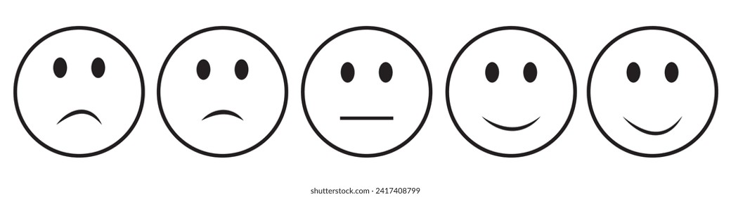 Iconic illustration of satisfaction level. Range to assess the emotions of your content. Feedback in form of emotions. User experience. Customer feedback. Excellent, good, normal, bad, awful, eps10