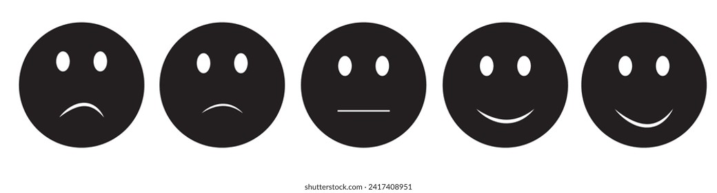Iconic illustration of satisfaction level. Range to assess the emotions of your content. Feedback in form of emotions. User experience. Customer feedback. Excellent, good, normal, bad, awful