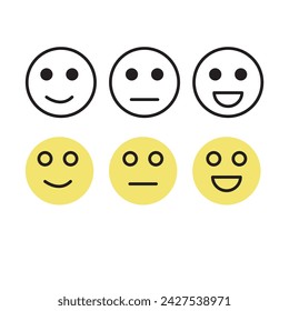 Ilustración icónica del nivel de satisfacción. Rango para evaluar las emociones de su contenido. Retroalimentación en forma de emociones. Experiencia del usuario. Comentarios de clientes. Excelente, bueno, normal, malo, horrible. Vector