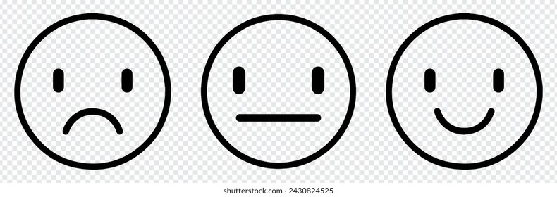 Iconic illustration of satisfaction level. Range to assess the emotions of your content. Feedback in form of emotions. User experience. Customer feedback. Excellent, good, normal, bad, awful. Vector 