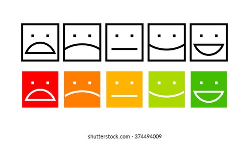 Iconic illustration of satisfaction level. Range to assess the emotions of your content. Excellent, good, normal, bad, awful. Vector illustration. Isolated on white background