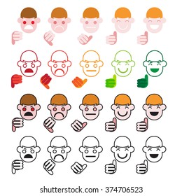 Iconic illustration of satisfaction level. Range to assess the emotions of your content. Excellent, good, normal, bad, awful. Vector illustration. Isolated on white background,  emotion Icon Flat. 
