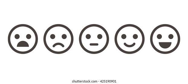 Iconic illustration of satisfaction level. Range to assess the emotions of your content. Feedback in form of emotions. User experience. Customer feedback. Excellent, good, normal, bad, awful. - Shutterstock ID 425190901