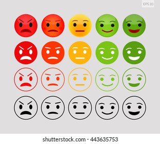 Iconic illustration of satisfaction level. Range to assess the emotions of your content. Excellent, good, normal, bad, awful. Vector illustration. Isolated on white background