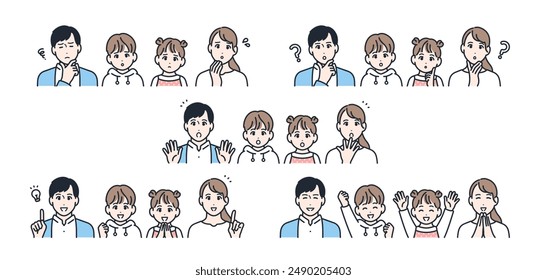 Iconic illustration set of a family of four facial expressions