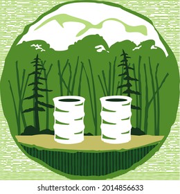 Iconic Illustration of Two Pottery Cup of Tea Served Outdoor with Green Scenery Background in the Season Asian Scene adaptable for Logobrand or Signboard