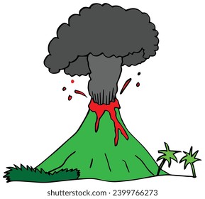 an iconic image of an erupting volcano emitting hot lava and also hot black clouds and thick ash soaring high in the sky.