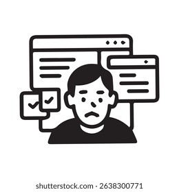 Iconic image representing a person overwhelmed with multiple tasks on digital platforms depicting stress and the complexities of modern work life.