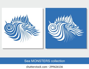 Iconic image of sea fish, ammonites. Little monsters. Vector Illustration. 