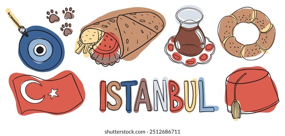 Símbolos emblemáticos de Estambul, como el café turco, el shawarma, el simit y el encantamiento del mal de ojo. Ideal para artículos sobre cultura turca, viajes y comida callejera.