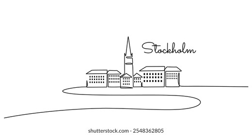 Stockholm’s iconic landmarks in a continuous one line drawing. Minimalist vector illustration capturing the city’s charm.