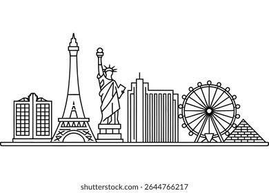 Iconic Landmarks of Las Vegas and Worldwide Destinations in a Simple Line Art Style