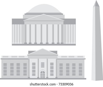 Iconic landmarks of Washington DC, Jefferson Memorial, Washington Monument, White House, vectors