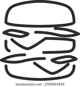 Iconic line icon of a large double-stacked cheeseburger. Represents gourmet burgers, heavy meals, restaurant specialties, and premium fast food for brand logotypes with adjustable line weight features.