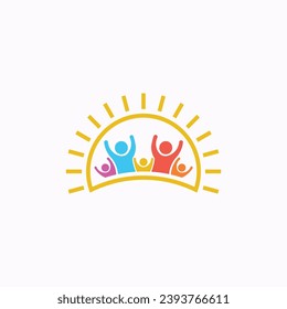 Iconic logo featuring five joyful persons celebrating together with raised arms in a sunny sunrise