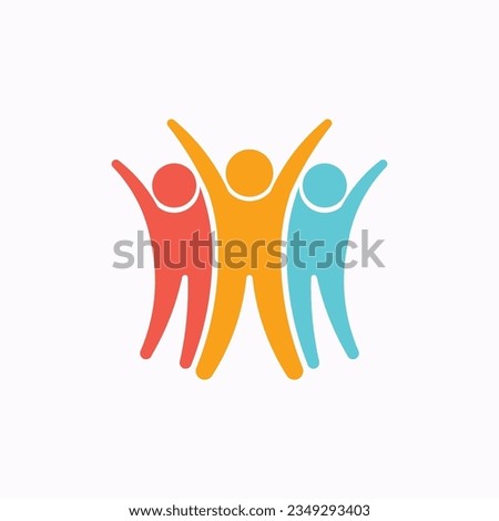 Iconic logo featuring three joyful persons celebrating together with raised arms