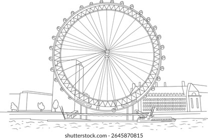 Icônico London Eye line ilustração de arte sobre o rio Tâmisa com contorno da paisagem urbana, um clássico desenho do Reino Unido.